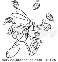 Cartoon Black and White Line Drawing of a Bunny Juggling Easter Eggs by Toonaday