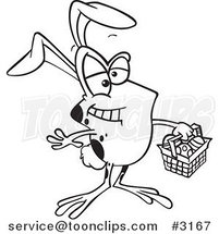 Cartoon Black and White Line Drawing of a Frog Wearing Bunny Ears and Carrying an Easter Basket by Toonaday