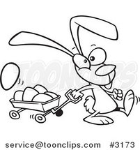 Cartoon Black and White Line Drawing of a Bunny Pulling a Wagon of Easter Eggs by Toonaday