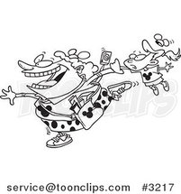 Cartoon Black and White Line Drawing of an Enthusiastic Mother Dragging Her Daughter Around a Theme Park by Toonaday