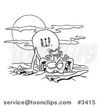 Cartoon Black and White Line Drawing of a Zombie Rising from the Grave by Toonaday