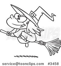 Cartoon Black and White Line Drawing of a Flying Girl Witch by Toonaday