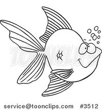 Cartoon Black and White Line Drawing of a Goldfish with Bubbles by Toonaday