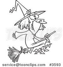 Cartoon Black and White Line Drawing of a Happy Witch on Her Broomstick by Toonaday