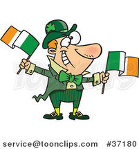 Cartoon Happy Irish Guy Leprechaun Waving Two Flags by Toonaday