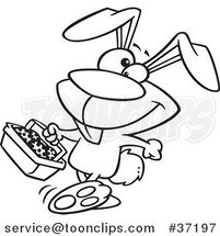 Cartoon Outlined Happy Easter Bunny Carrying a Basket of Eggs by Toonaday
