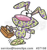 Cartoon Happy Speckled Easter Bunny Carrying a Basket of Eggs by Toonaday