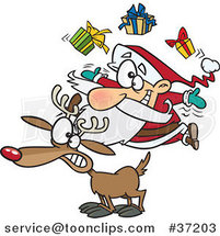 Cartoon Christmas Santa Juggling Gifts on a Reindeer by Toonaday
