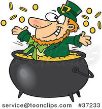 Cartoon St Patricks Leprechaun Playing in a Pot of Gold by Toonaday