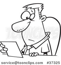 Cartoon Outlined Business Man Seated at a Desk and Reading a Memo by Toonaday