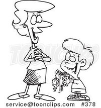 Cartoon Coloring Page Line Art of a Boy Giving His Mom a Messy Gift by Toonaday