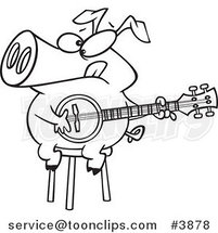Cartoon Black and White Line Drawing of a Pig Sitting on a Stool and Playing a Banjo by Toonaday