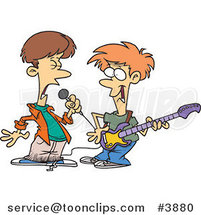Two Cartoon Boys Singing and Playing a Guitar in a Band by Toonaday