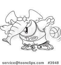 Cartoon Black and White Line Drawing of a Basketball Elephant by Toonaday