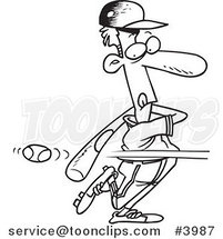 Cartoon Black and White Line Drawing of a Baseball Batter Striking out by Toonaday