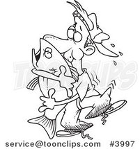 Cartoon Black and White Line Drawing of a Guy Hugging a Bass Fish by Toonaday