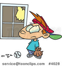 Cartoon Baseball Boy Looking at a Broken Window by Toonaday