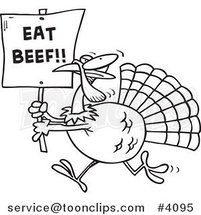Cartoon Black and White Line Drawing of a Turkey with an Eat Beef Sign by Toonaday