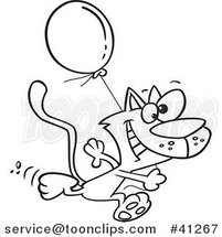 Cartoon Outlined Happy Cat Running with a Birthday Balloon by Toonaday