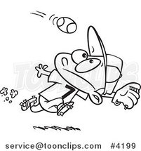 Cartoon Black and White Line Drawing of a Boy Running to Catch a Baseball by Toonaday