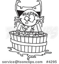 Cartoon Black and White Line Drawing of a Vampire Bobbing for Apples by Toonaday