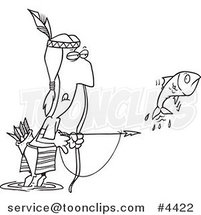Cartoon Black and White Line Drawing of a Native American Guy Bow Fishing by Toonaday