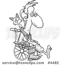 Cartoon Black and White Line Drawing of a Cat Behind a Guy with Broken Limbs in a Wheelchair by Toonaday