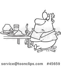 Cartoon Black and White Fat Guy on a Broken Chair at a Table by Toonaday