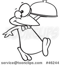 Line Art Cartoon Penguin Waiter with a Cloche Platter by Toonaday