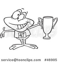 Black and White Cartoon Winner Frog Holding up a Trophy by Toonaday