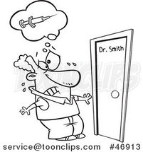 Black and White Cartoon Guy Afraid of Needles Approaching a Doctors Office by Toonaday