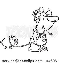 Cartoon Black and White Line Drawing of a Hillbilly Doctor with a Pet Pig by Toonaday