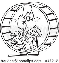 Black and White Cartoon Mother Struggling with Parenting and Work in a Hamster Wheel by Toonaday