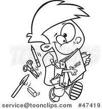 Cartoon Black and White School Boy Running with His Accessories by Toonaday