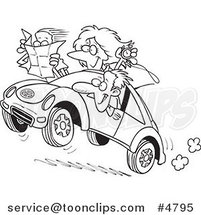 Cartoon Black and White Line Drawing of a Family Driving a Rally by Toonaday