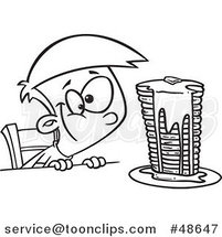 Cartoon Black and White Hungy Boy Gazing at a Stack of Pancakes Dripping with Syrup by Toonaday