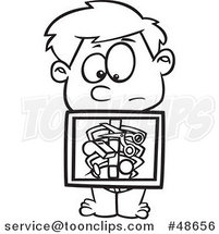 Cartoon Black and White Boy with an Xray Showing Swallowed Items by Toonaday