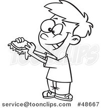 Cartoon Black and White Happy Boy with a Messy Jam Sandwich by Toonaday