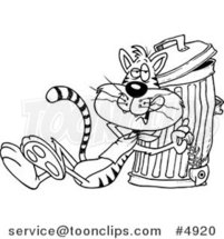 Cartoon Black and White Line Drawing of a Cat Eating a Luxurious Fish Bone from the Garbage by Toonaday