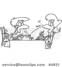 Cartoon Black and White Line Drawing of an Old Lady Flicking a Pea at Her Daughter by Toonaday