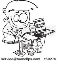 Cartoon Black and White Boy Packing Junk Food into a Picnic Basket by Toonaday