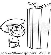 Cartoon Black and White Boy Standing by a Large Christmas Gift Box by Toonaday