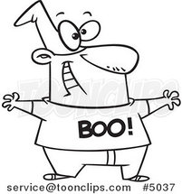 Cartoon Black and White Line Drawing of a Lame Guy Wearing a Boo Shirt by Toonaday