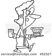 Cartoon Black and White Lady in a Robe, Licking Her Lips and Carrying Milk and Cake by Toonaday