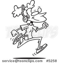 Cartoon Black and White Line Drawing of a Lady Listening to Music and Running by Toonaday