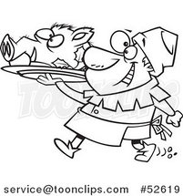 Cartoon Black and White Line Art of a Cheerful Castle Cook Chef Carrying a Pig Head on a Platter by Toonaday