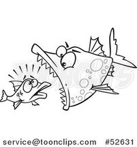 Cartoon Black and White Line Art of a Doomed Fish About to Be Eaten by a Big Fish by Toonaday