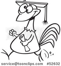 Cartoon Black and White Line Art of a Proud Chicken Graduate Walking with a Cap and Diploma by Toonaday
