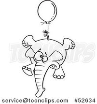 Cartoon Black and White Line Art of a Scared Elephant Floating with a Blue Balloon by Toonaday