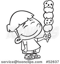 Cartoon Black and White Line Art of a Happy Asian Boy Holding a 5 Scoop Waffle Ice Cream Cone by Toonaday